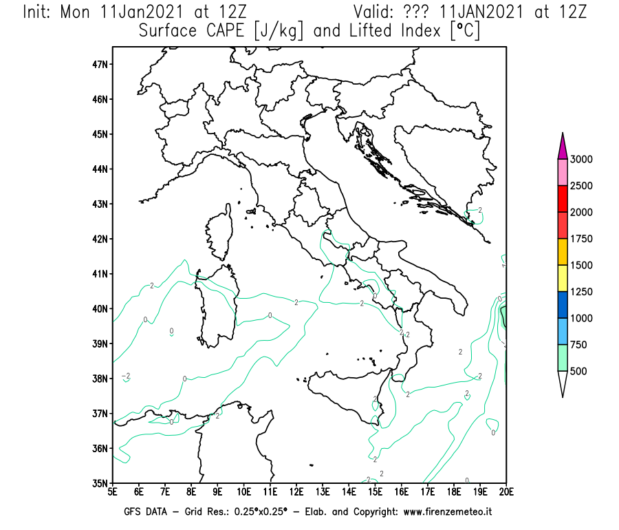 Mappa di analisi GFS - CAPE [J/kg] e Lifted Index [°C] in Italia
							del 11/01/2021 12 <!--googleoff: index-->UTC<!--googleon: index-->