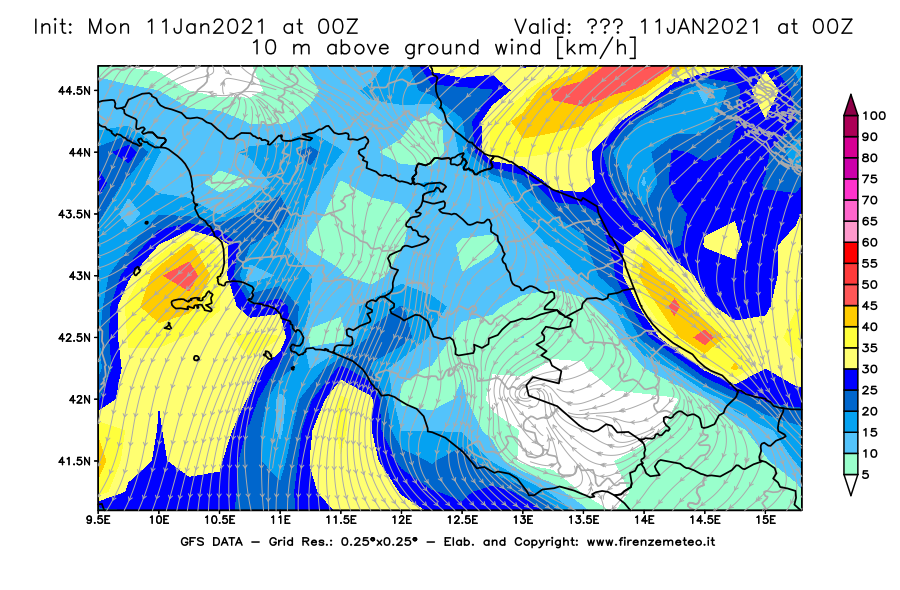 Mappa di analisi GFS - Velocità del vento a 10 metri dal suolo [km/h] in Centro-Italia
							del 11/01/2021 00 <!--googleoff: index-->UTC<!--googleon: index-->