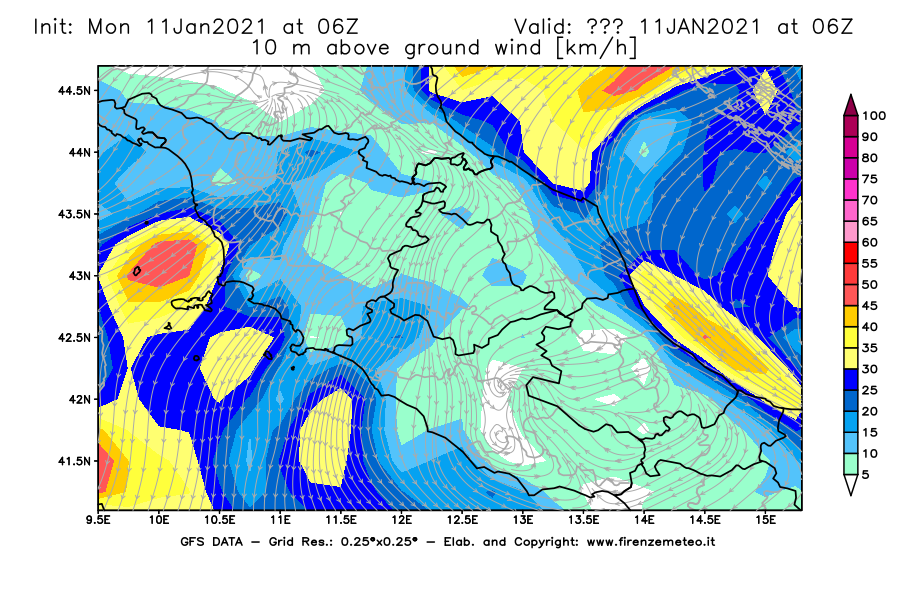 Mappa di analisi GFS - Velocità del vento a 10 metri dal suolo [km/h] in Centro-Italia
							del 11/01/2021 06 <!--googleoff: index-->UTC<!--googleon: index-->