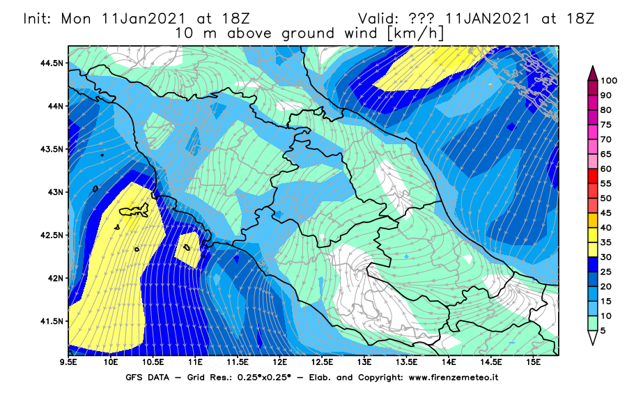 Mappa di analisi GFS - Velocità del vento a 10 metri dal suolo [km/h] in Centro-Italia
							del 11/01/2021 18 <!--googleoff: index-->UTC<!--googleon: index-->