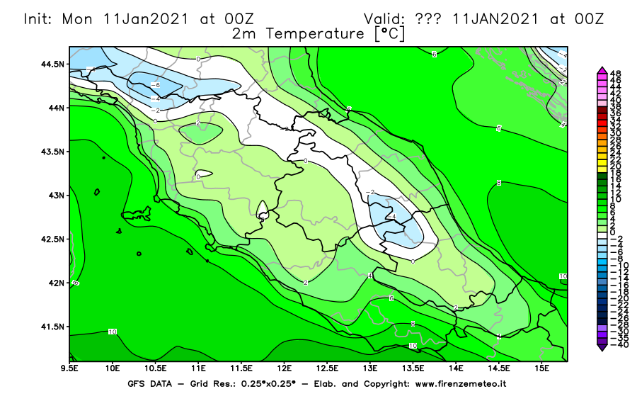Mappa di analisi GFS - Temperatura a 2 metri dal suolo [°C] in Centro-Italia
							del 11/01/2021 00 <!--googleoff: index-->UTC<!--googleon: index-->