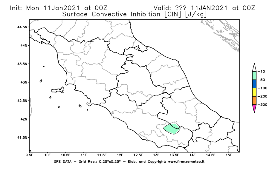 Mappa di analisi GFS - CIN [J/kg] in Centro-Italia
							del 11/01/2021 00 <!--googleoff: index-->UTC<!--googleon: index-->