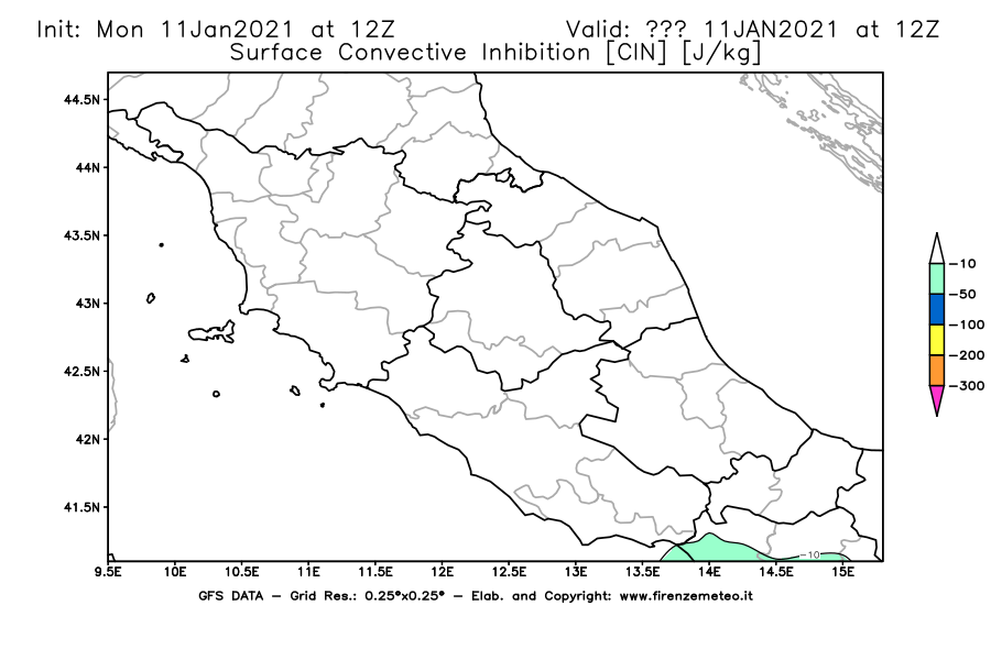 Mappa di analisi GFS - CIN [J/kg] in Centro-Italia
							del 11/01/2021 12 <!--googleoff: index-->UTC<!--googleon: index-->