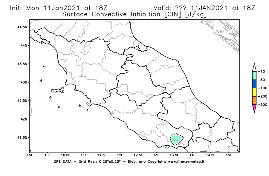 Mappa di analisi GFS - CIN [J/kg] in Centro-Italia
							del 11/01/2021 18 <!--googleoff: index-->UTC<!--googleon: index-->
