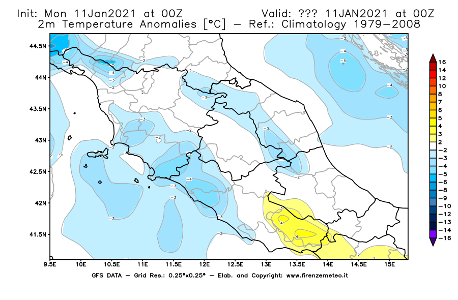 Mappa di analisi GFS - Anomalia Temperatura [°C] a 2 m in Centro-Italia
							del 11/01/2021 00 <!--googleoff: index-->UTC<!--googleon: index-->