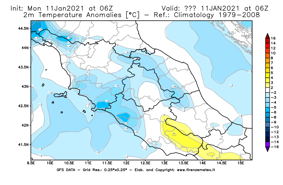 Mappa di analisi GFS - Anomalia Temperatura [°C] a 2 m in Centro-Italia
							del 11/01/2021 06 <!--googleoff: index-->UTC<!--googleon: index-->