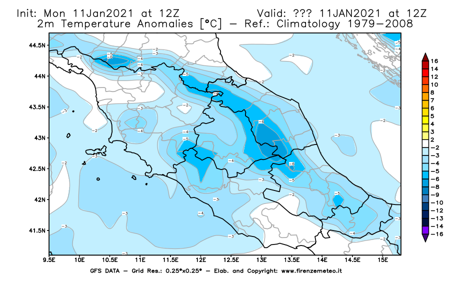Mappa di analisi GFS - Anomalia Temperatura [°C] a 2 m in Centro-Italia
							del 11/01/2021 12 <!--googleoff: index-->UTC<!--googleon: index-->