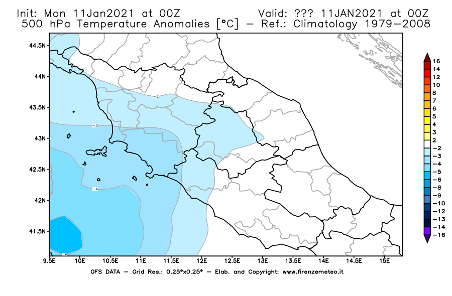 Mappa di analisi GFS - Anomalia Temperatura [°C] a 500 hPa in Centro-Italia
							del 11/01/2021 00 <!--googleoff: index-->UTC<!--googleon: index-->