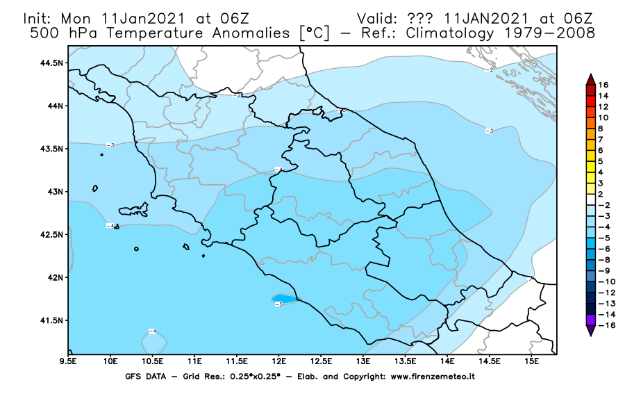 Mappa di analisi GFS - Anomalia Temperatura [°C] a 500 hPa in Centro-Italia
							del 11/01/2021 06 <!--googleoff: index-->UTC<!--googleon: index-->