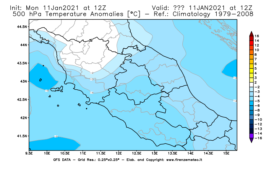 Mappa di analisi GFS - Anomalia Temperatura [°C] a 500 hPa in Centro-Italia
							del 11/01/2021 12 <!--googleoff: index-->UTC<!--googleon: index-->