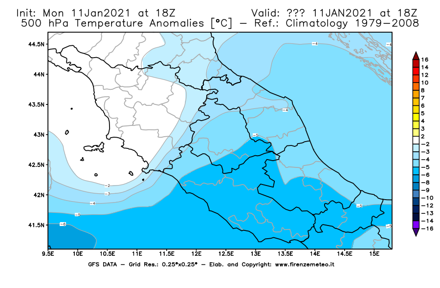Mappa di analisi GFS - Anomalia Temperatura [°C] a 500 hPa in Centro-Italia
							del 11/01/2021 18 <!--googleoff: index-->UTC<!--googleon: index-->