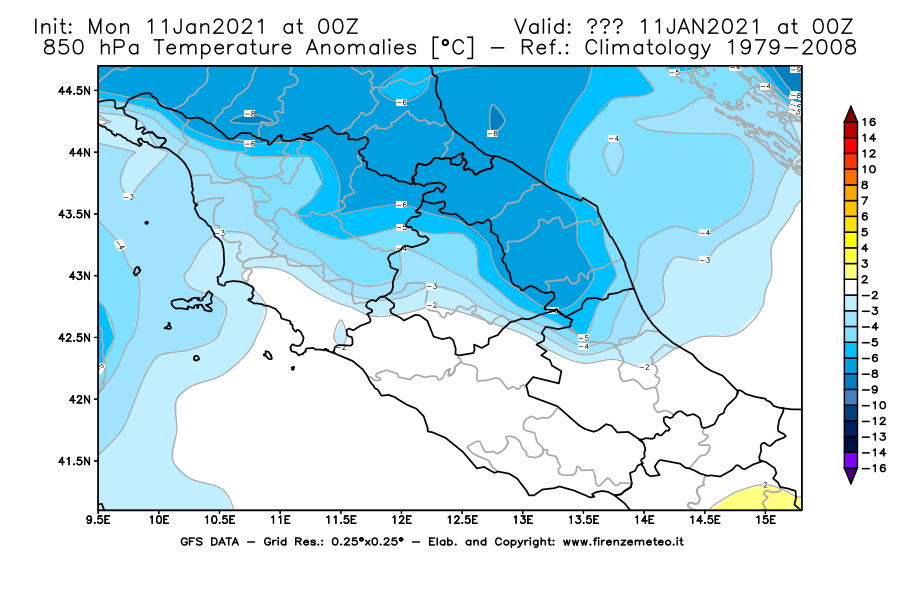 Mappa di analisi GFS - Anomalia Temperatura [°C] a 850 hPa in Centro-Italia
							del 11/01/2021 00 <!--googleoff: index-->UTC<!--googleon: index-->