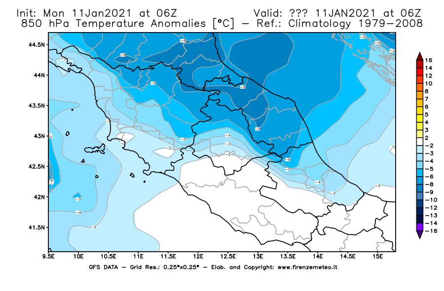 Mappa di analisi GFS - Anomalia Temperatura [°C] a 850 hPa in Centro-Italia
							del 11/01/2021 06 <!--googleoff: index-->UTC<!--googleon: index-->