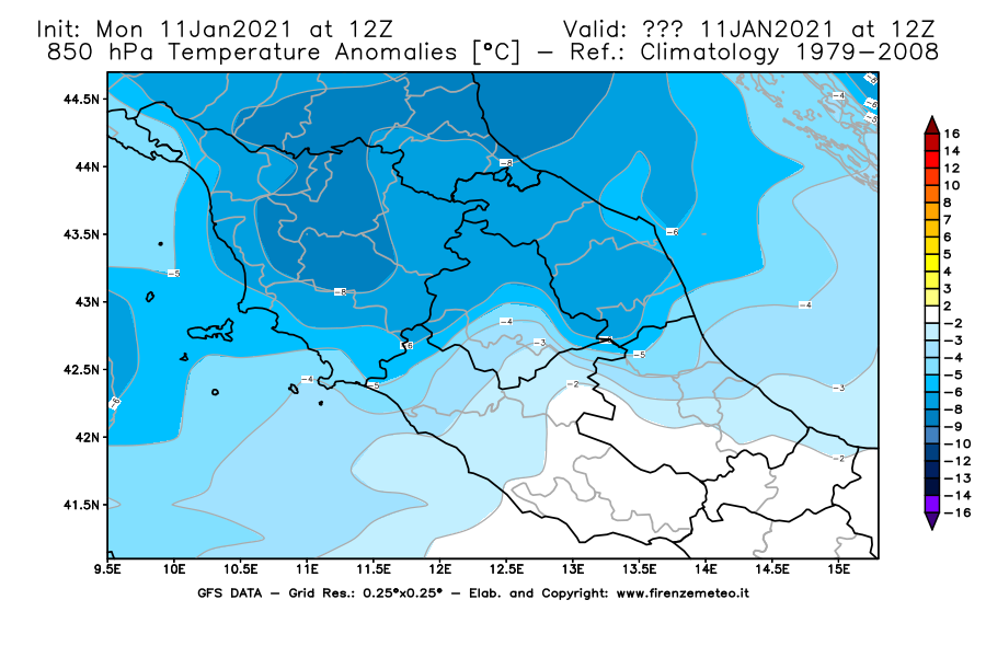 Mappa di analisi GFS - Anomalia Temperatura [°C] a 850 hPa in Centro-Italia
							del 11/01/2021 12 <!--googleoff: index-->UTC<!--googleon: index-->