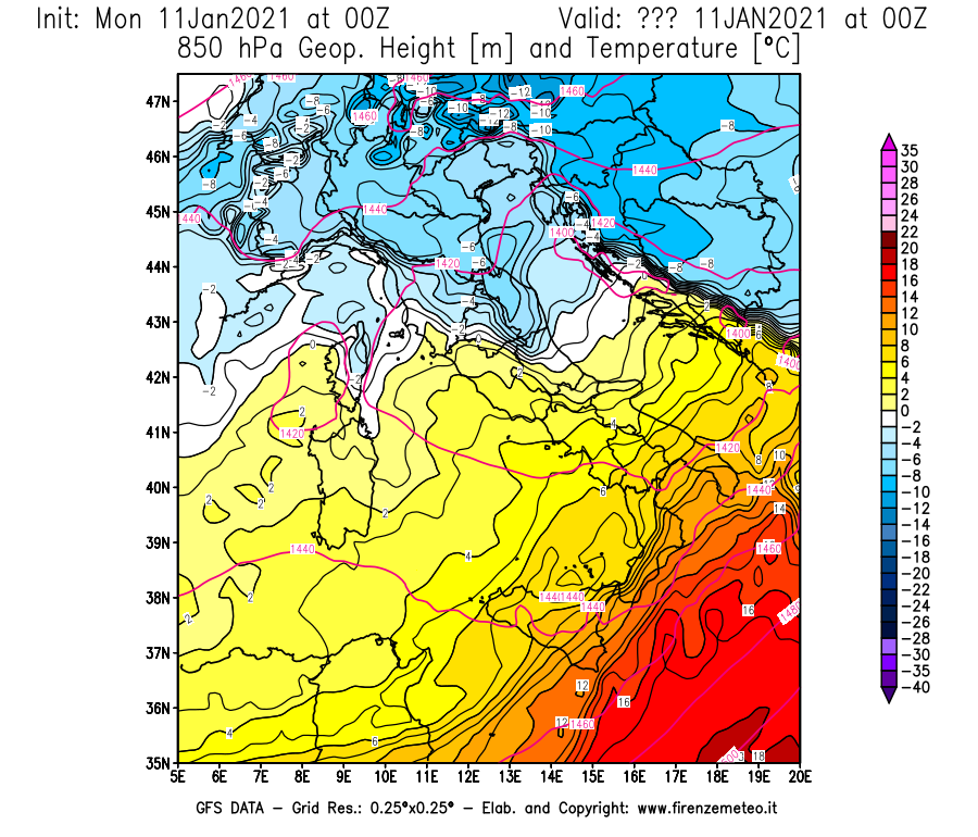 Mappa di analisi GFS - Geopotenziale [m] e Temperatura [°C] a 850 hPa in Italia
							del 11/01/2021 00 <!--googleoff: index-->UTC<!--googleon: index-->