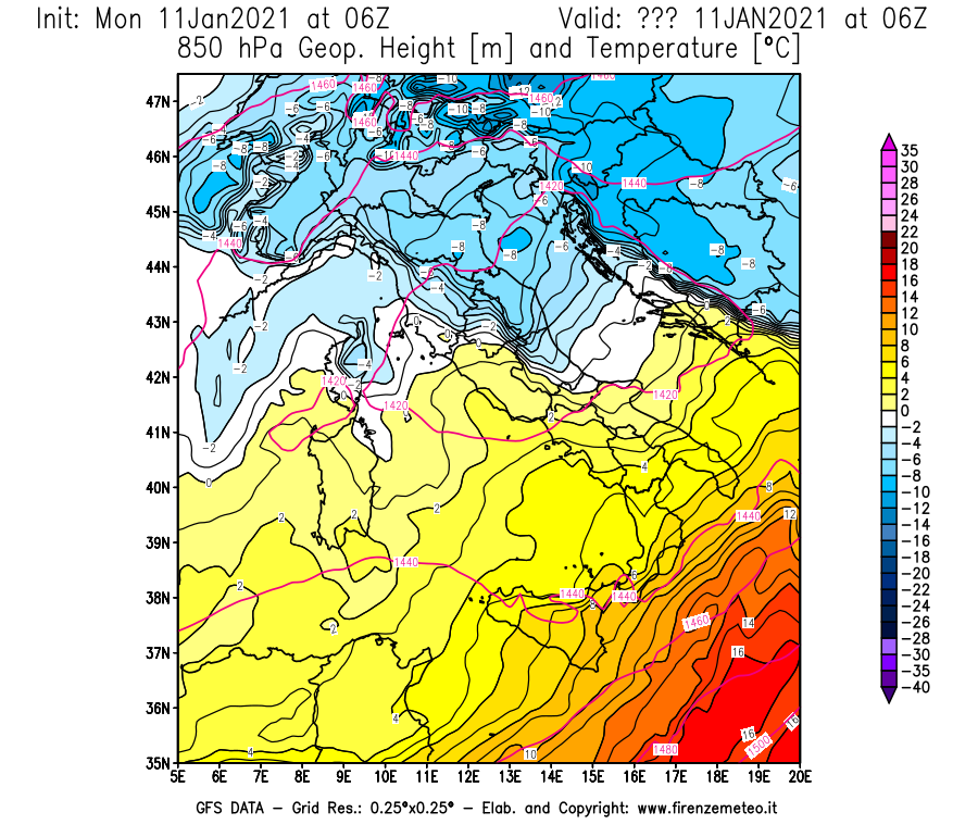 Mappa di analisi GFS - Geopotenziale [m] e Temperatura [°C] a 850 hPa in Italia
							del 11/01/2021 06 <!--googleoff: index-->UTC<!--googleon: index-->
