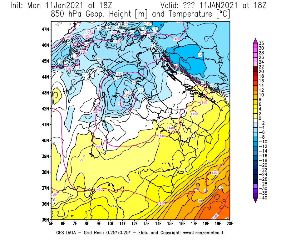 Mappa di analisi GFS - Geopotenziale [m] e Temperatura [°C] a 850 hPa in Italia
							del 11/01/2021 18 <!--googleoff: index-->UTC<!--googleon: index-->