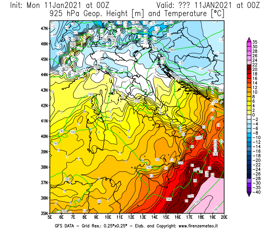 Mappa di analisi GFS - Geopotenziale [m] e Temperatura [°C] a 925 hPa in Italia
							del 11/01/2021 00 <!--googleoff: index-->UTC<!--googleon: index-->