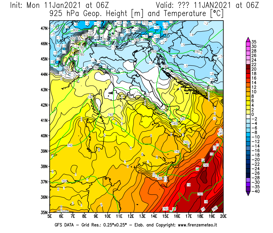Mappa di analisi GFS - Geopotenziale [m] e Temperatura [°C] a 925 hPa in Italia
							del 11/01/2021 06 <!--googleoff: index-->UTC<!--googleon: index-->