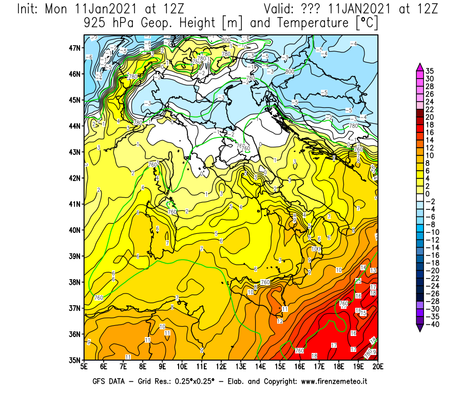 Mappa di analisi GFS - Geopotenziale [m] e Temperatura [°C] a 925 hPa in Italia
							del 11/01/2021 12 <!--googleoff: index-->UTC<!--googleon: index-->
