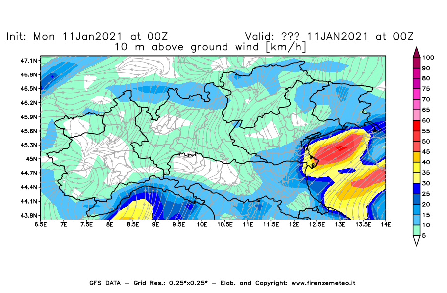 Mappa di analisi GFS - Velocità del vento a 10 metri dal suolo [km/h] in Nord-Italia
							del 11/01/2021 00 <!--googleoff: index-->UTC<!--googleon: index-->