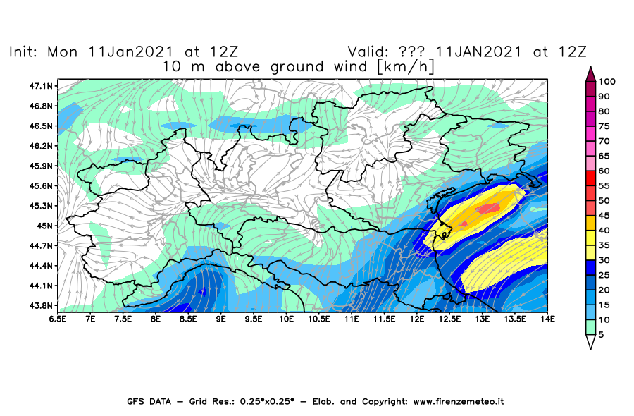 Mappa di analisi GFS - Velocità del vento a 10 metri dal suolo [km/h] in Nord-Italia
							del 11/01/2021 12 <!--googleoff: index-->UTC<!--googleon: index-->