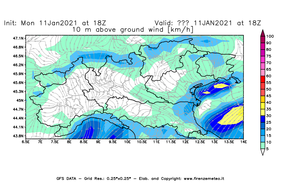 Mappa di analisi GFS - Velocità del vento a 10 metri dal suolo [km/h] in Nord-Italia
							del 11/01/2021 18 <!--googleoff: index-->UTC<!--googleon: index-->