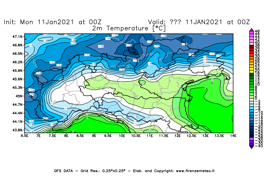Mappa di analisi GFS - Temperatura a 2 metri dal suolo [°C] in Nord-Italia
							del 11/01/2021 00 <!--googleoff: index-->UTC<!--googleon: index-->