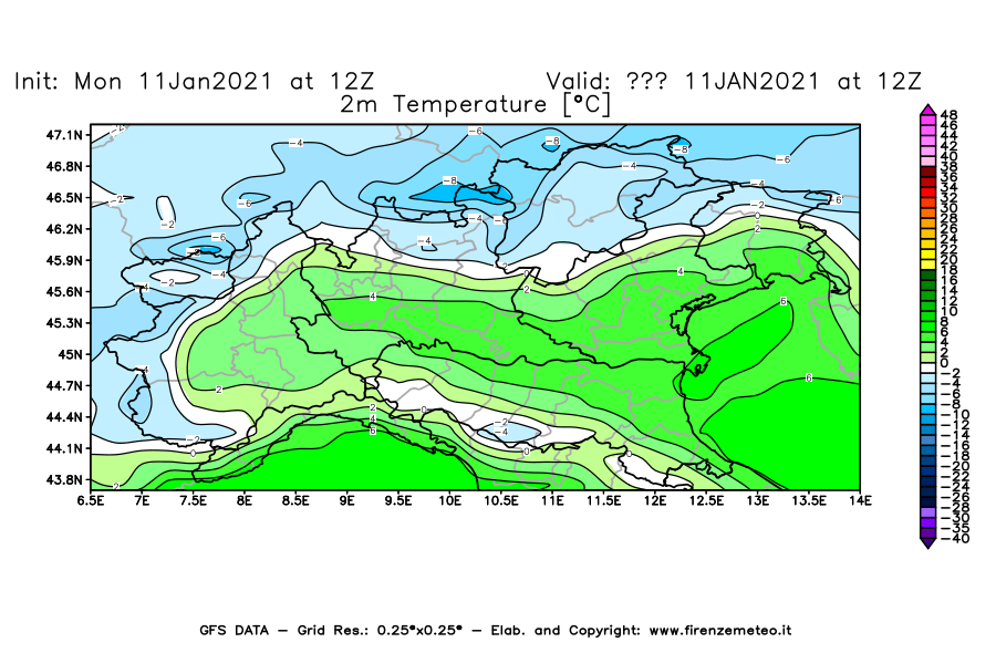 Mappa di analisi GFS - Temperatura a 2 metri dal suolo [°C] in Nord-Italia
							del 11/01/2021 12 <!--googleoff: index-->UTC<!--googleon: index-->
