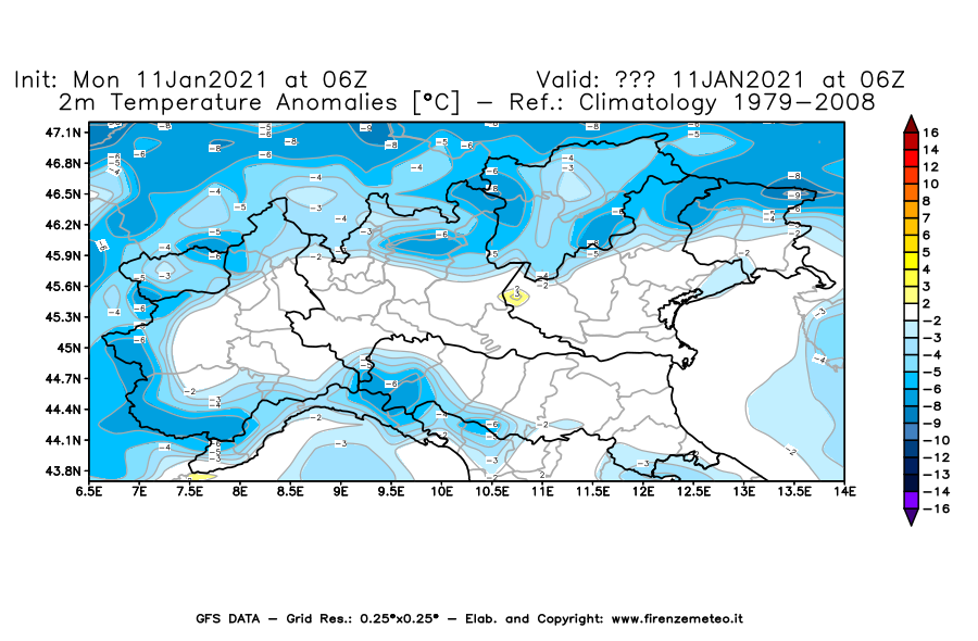Mappa di analisi GFS - Anomalia Temperatura [°C] a 2 m in Nord-Italia
							del 11/01/2021 06 <!--googleoff: index-->UTC<!--googleon: index-->