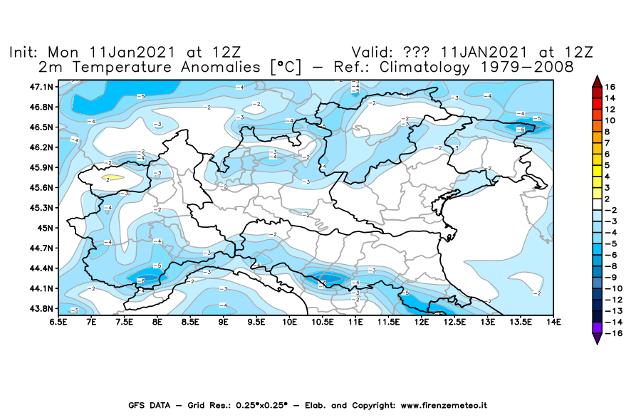 Mappa di analisi GFS - Anomalia Temperatura [°C] a 2 m in Nord-Italia
							del 11/01/2021 12 <!--googleoff: index-->UTC<!--googleon: index-->