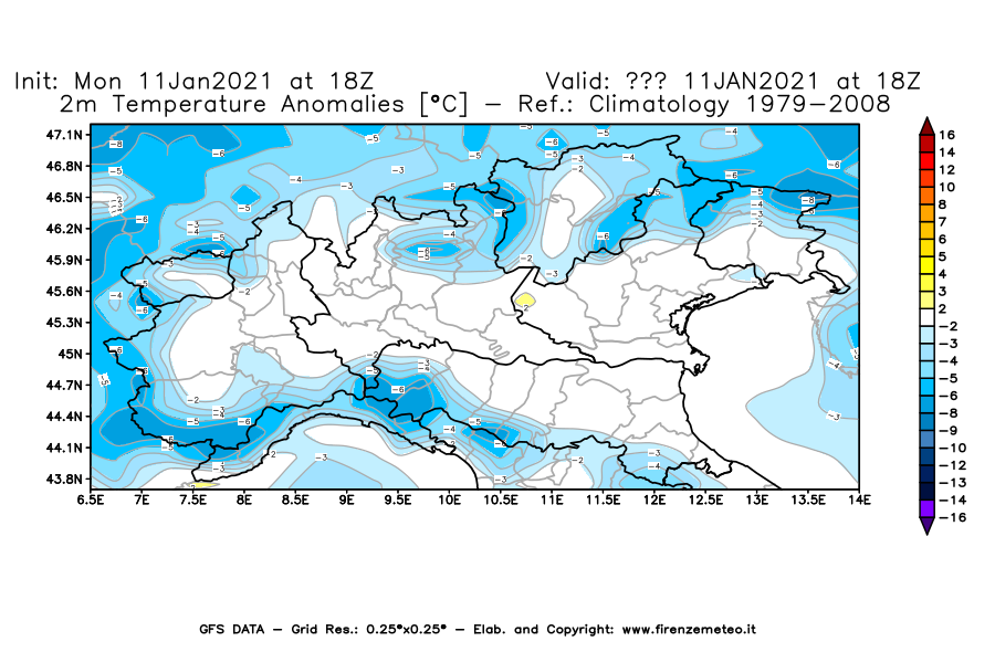 Mappa di analisi GFS - Anomalia Temperatura [°C] a 2 m in Nord-Italia
							del 11/01/2021 18 <!--googleoff: index-->UTC<!--googleon: index-->