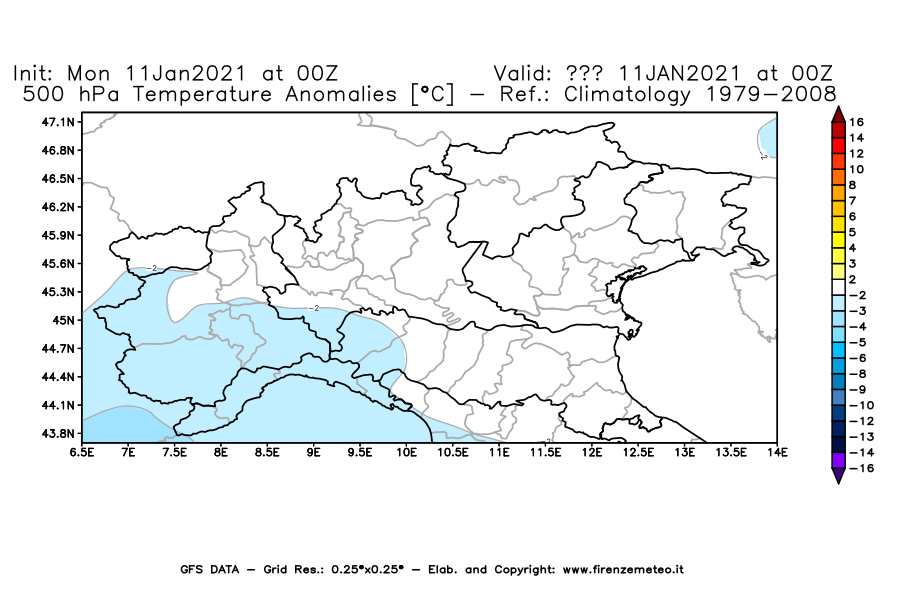 Mappa di analisi GFS - Anomalia Temperatura [°C] a 500 hPa in Nord-Italia
							del 11/01/2021 00 <!--googleoff: index-->UTC<!--googleon: index-->