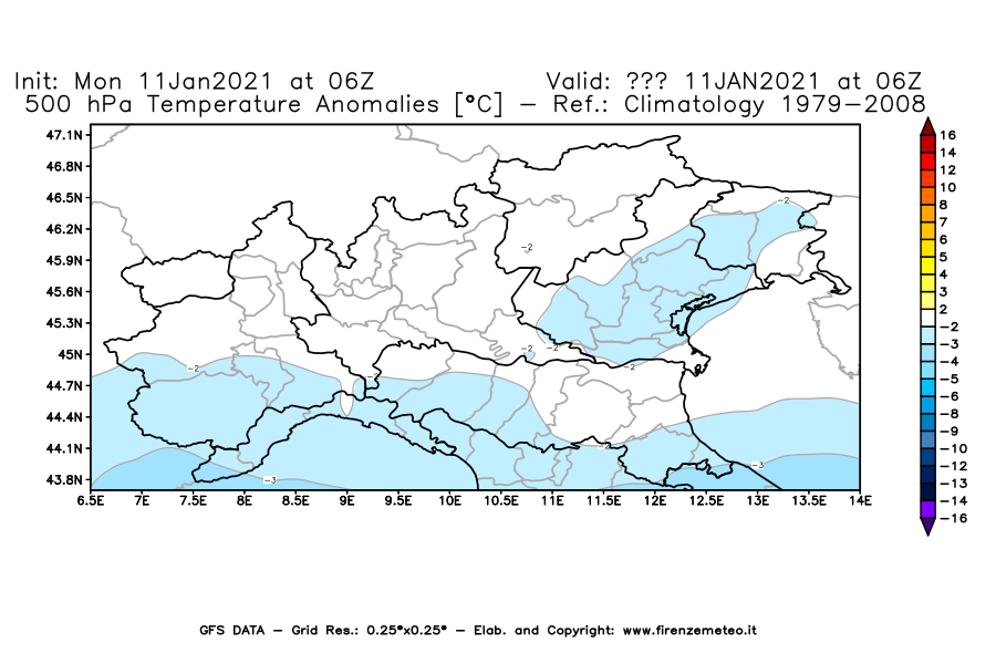 Mappa di analisi GFS - Anomalia Temperatura [°C] a 500 hPa in Nord-Italia
							del 11/01/2021 06 <!--googleoff: index-->UTC<!--googleon: index-->