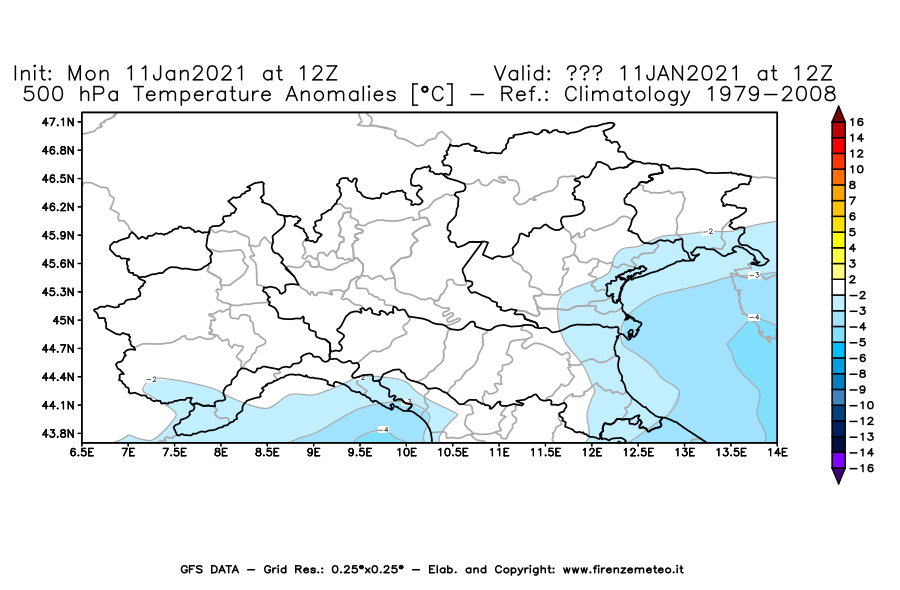 Mappa di analisi GFS - Anomalia Temperatura [°C] a 500 hPa in Nord-Italia
							del 11/01/2021 12 <!--googleoff: index-->UTC<!--googleon: index-->
