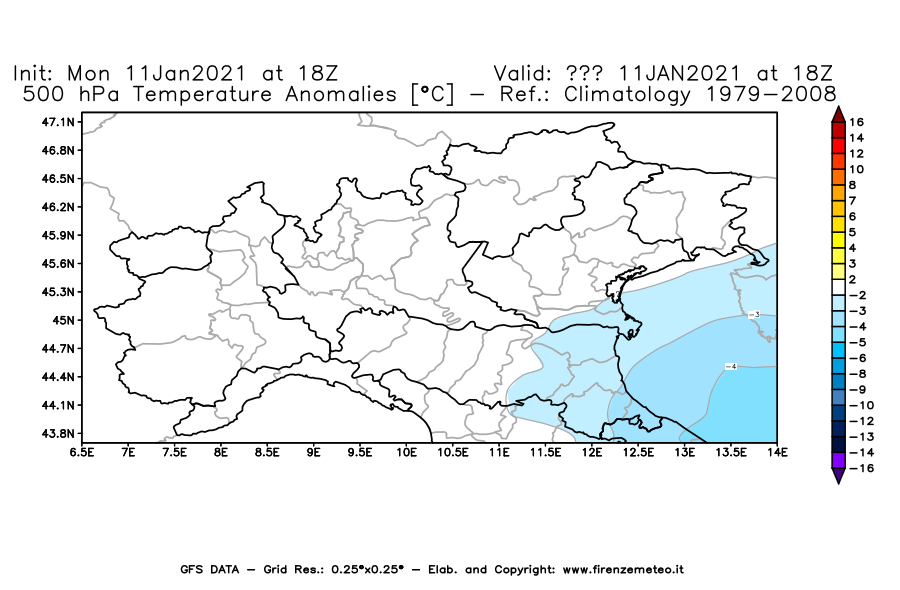 Mappa di analisi GFS - Anomalia Temperatura [°C] a 500 hPa in Nord-Italia
							del 11/01/2021 18 <!--googleoff: index-->UTC<!--googleon: index-->