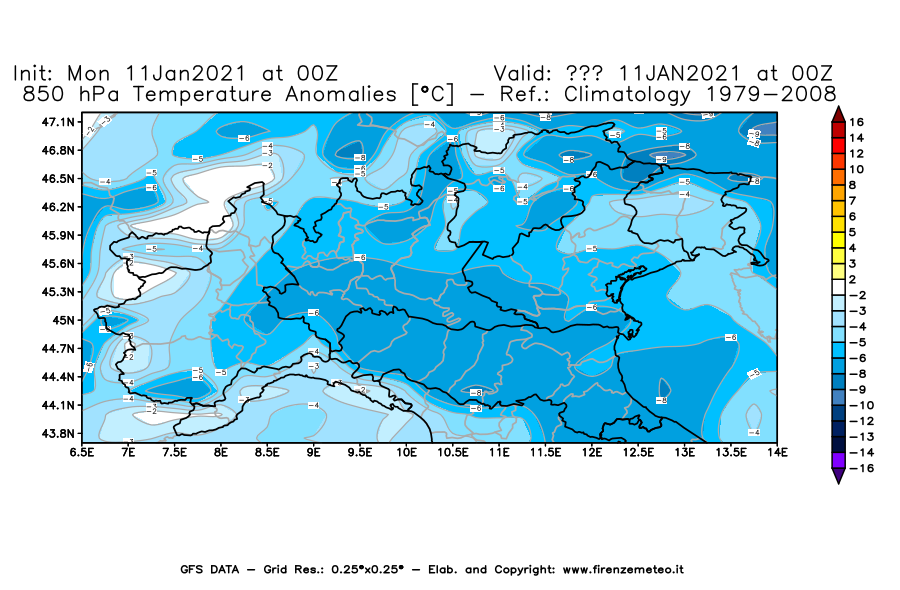 Mappa di analisi GFS - Anomalia Temperatura [°C] a 850 hPa in Nord-Italia
							del 11/01/2021 00 <!--googleoff: index-->UTC<!--googleon: index-->