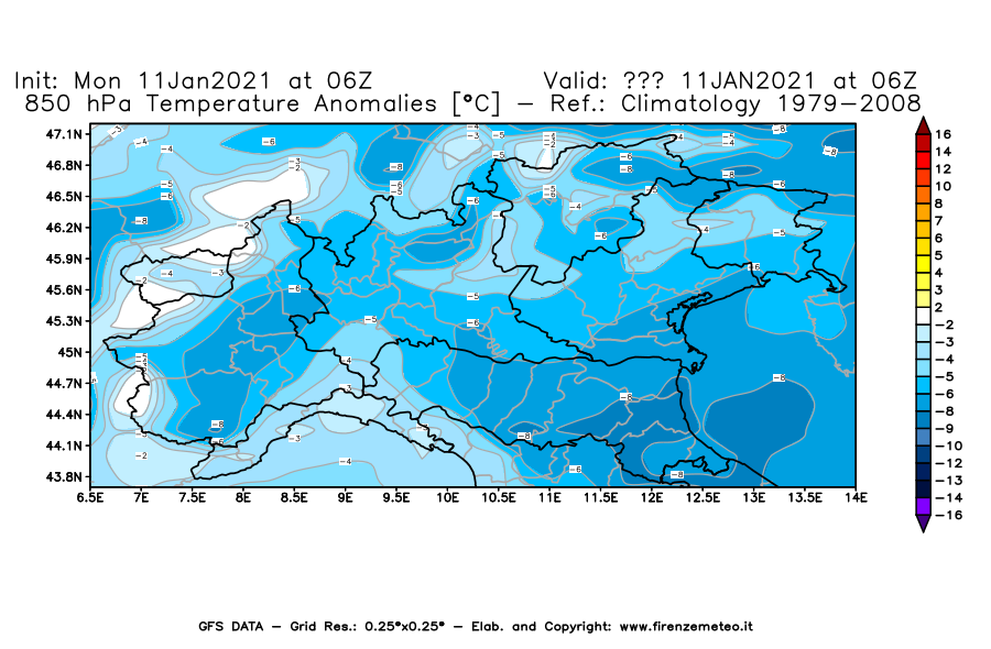 Mappa di analisi GFS - Anomalia Temperatura [°C] a 850 hPa in Nord-Italia
							del 11/01/2021 06 <!--googleoff: index-->UTC<!--googleon: index-->