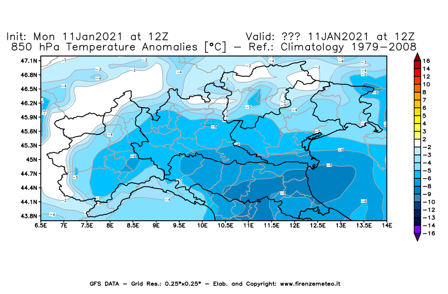 Mappa di analisi GFS - Anomalia Temperatura [°C] a 850 hPa in Nord-Italia
							del 11/01/2021 12 <!--googleoff: index-->UTC<!--googleon: index-->