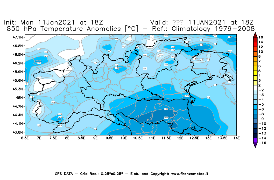 Mappa di analisi GFS - Anomalia Temperatura [°C] a 850 hPa in Nord-Italia
							del 11/01/2021 18 <!--googleoff: index-->UTC<!--googleon: index-->