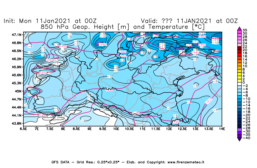 Mappa di analisi GFS - Geopotenziale [m] e Temperatura [°C] a 850 hPa in Nord-Italia
							del 11/01/2021 00 <!--googleoff: index-->UTC<!--googleon: index-->