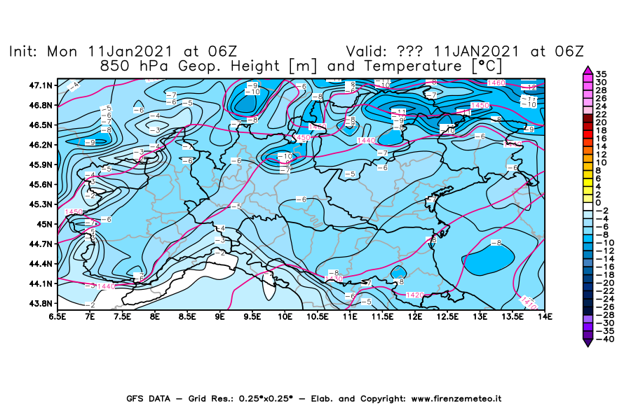 Mappa di analisi GFS - Geopotenziale [m] e Temperatura [°C] a 850 hPa in Nord-Italia
							del 11/01/2021 06 <!--googleoff: index-->UTC<!--googleon: index-->