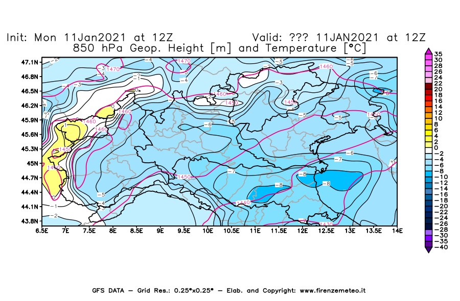 Mappa di analisi GFS - Geopotenziale [m] e Temperatura [°C] a 850 hPa in Nord-Italia
							del 11/01/2021 12 <!--googleoff: index-->UTC<!--googleon: index-->
