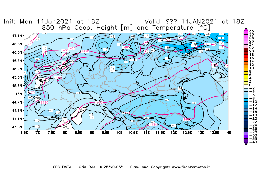 Mappa di analisi GFS - Geopotenziale [m] e Temperatura [°C] a 850 hPa in Nord-Italia
							del 11/01/2021 18 <!--googleoff: index-->UTC<!--googleon: index-->