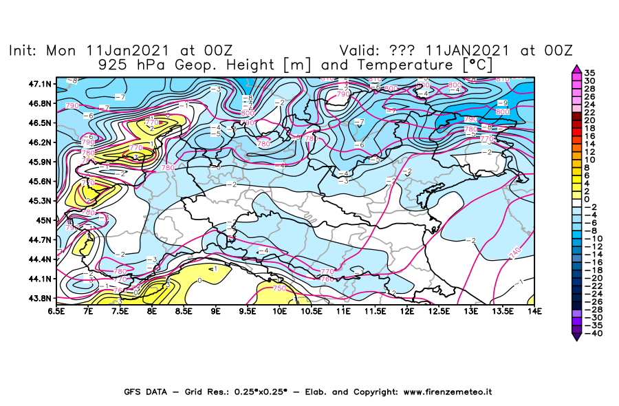Mappa di analisi GFS - Geopotenziale [m] e Temperatura [°C] a 925 hPa in Nord-Italia
							del 11/01/2021 00 <!--googleoff: index-->UTC<!--googleon: index-->