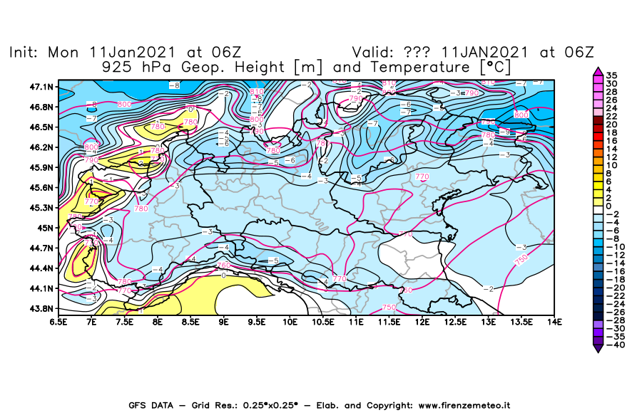 Mappa di analisi GFS - Geopotenziale [m] e Temperatura [°C] a 925 hPa in Nord-Italia
							del 11/01/2021 06 <!--googleoff: index-->UTC<!--googleon: index-->