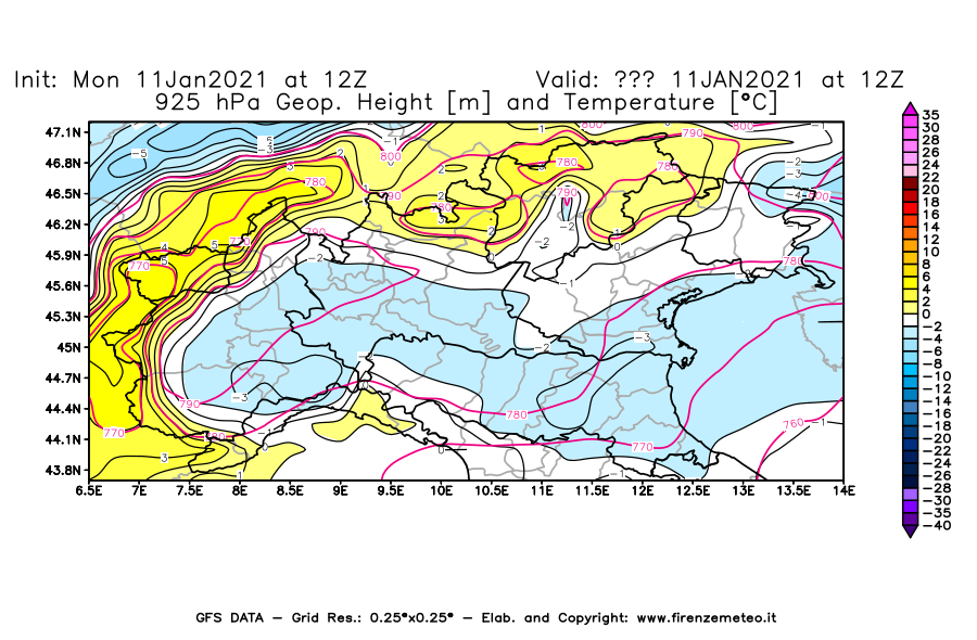 Mappa di analisi GFS - Geopotenziale [m] e Temperatura [°C] a 925 hPa in Nord-Italia
							del 11/01/2021 12 <!--googleoff: index-->UTC<!--googleon: index-->