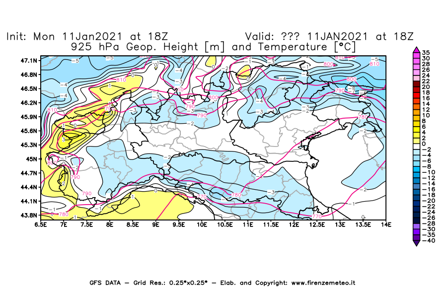Mappa di analisi GFS - Geopotenziale [m] e Temperatura [°C] a 925 hPa in Nord-Italia
							del 11/01/2021 18 <!--googleoff: index-->UTC<!--googleon: index-->