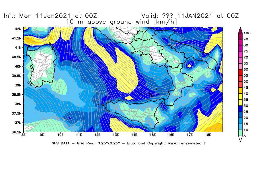 Mappa di analisi GFS - Velocità del vento a 10 metri dal suolo [km/h] in Sud-Italia
							del 11/01/2021 00 <!--googleoff: index-->UTC<!--googleon: index-->