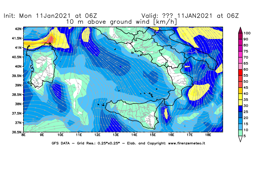 Mappa di analisi GFS - Velocità del vento a 10 metri dal suolo [km/h] in Sud-Italia
							del 11/01/2021 06 <!--googleoff: index-->UTC<!--googleon: index-->